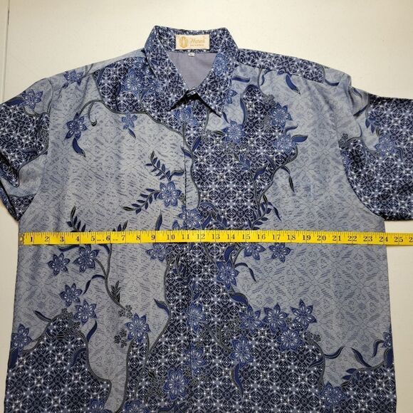 Harni Indonesian Batik Shirt Vintage Men's Blue Floral Button Down Shirt - Picture 7 of 8